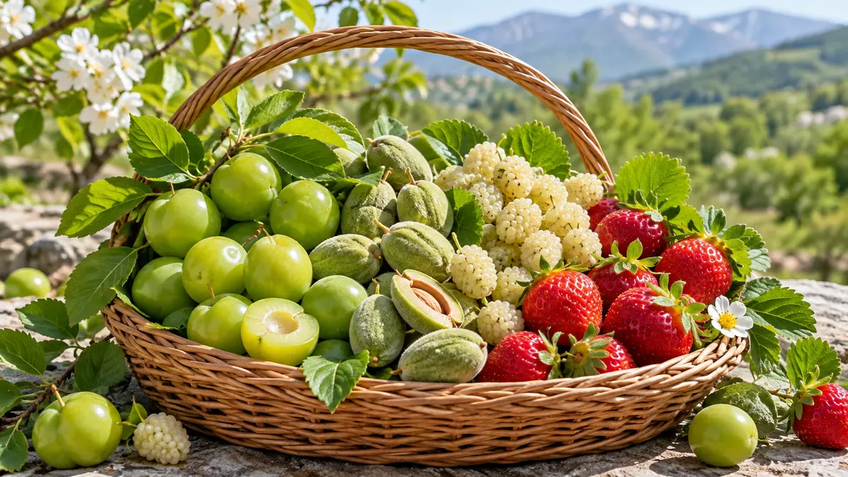 گوجه سبز، چغاله بادام، توت و توت فرنگی در سبد میوههای بهاری