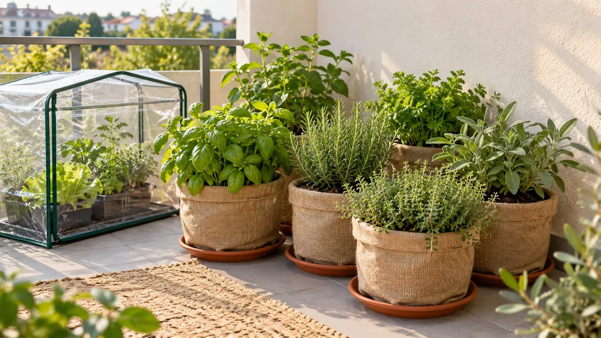گلدانهای سبزی با پوشش گونی کنار دیوار برای محافظت از گلدان در سرما